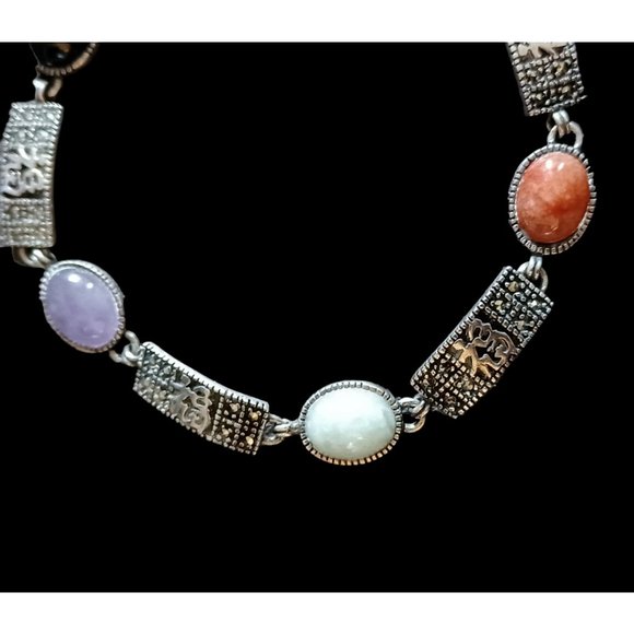 Vintage Sterling Silver Marcasite and Multi Gemstone  Vintage 925 Sterling Silver Semi Precious Stone Size 7.5 Bracelet